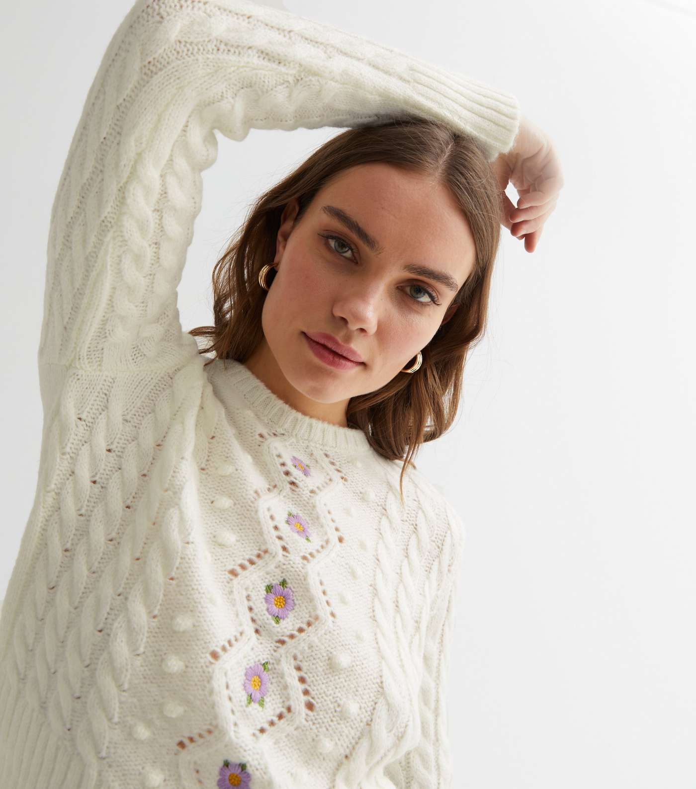 Off White Flower Embroidered Cable Knit Jumper Image 2
