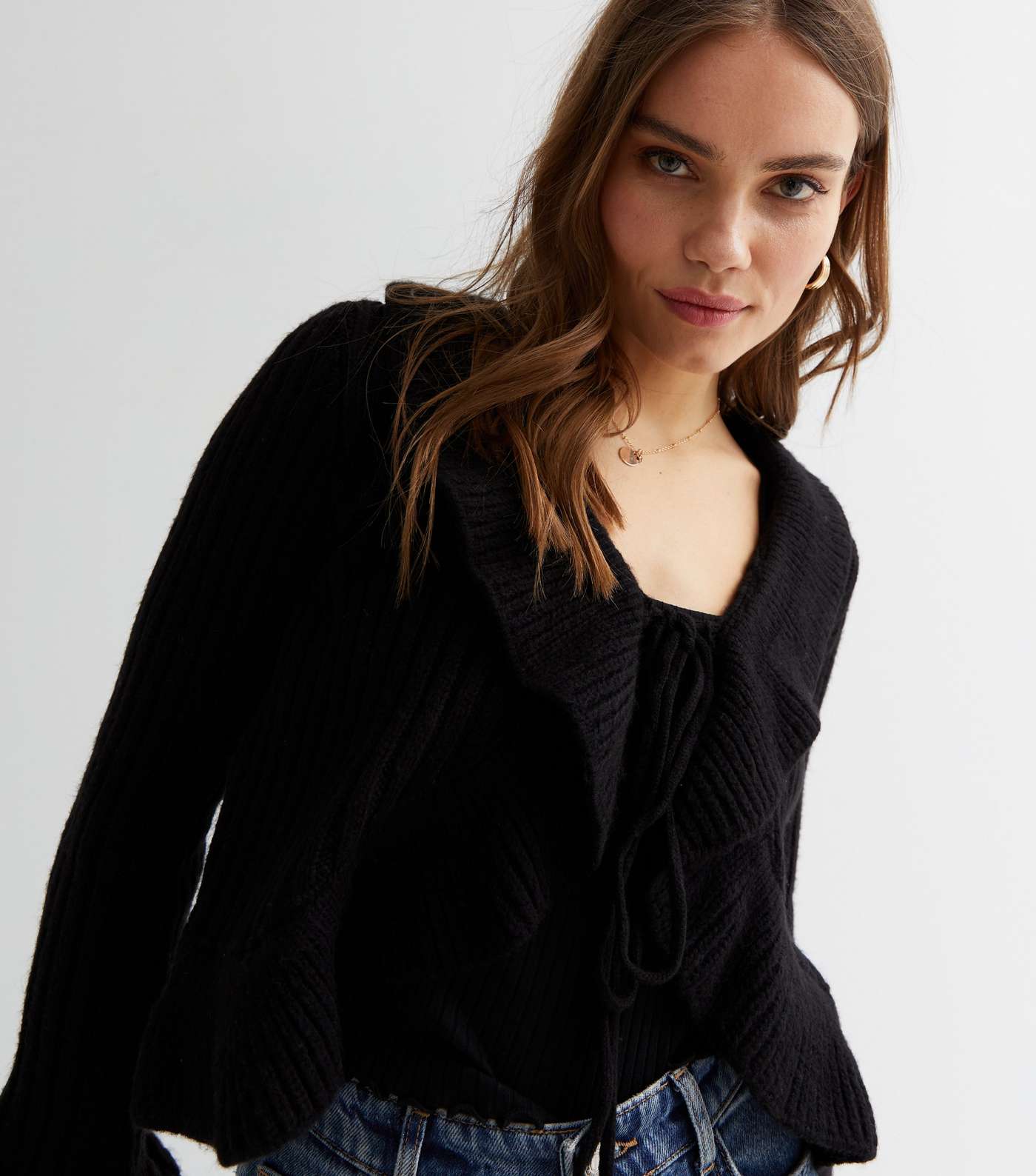 Black Brushed Ribbed Knit Long Frill Sleeve Tie Front Cardigan Image 2