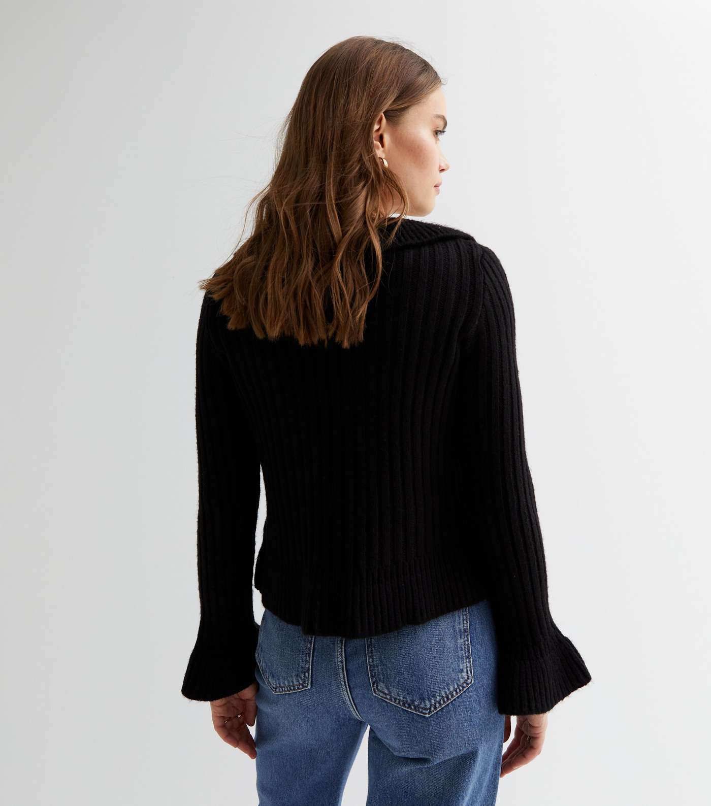 Black Brushed Ribbed Knit Long Frill Sleeve Tie Front Cardigan Image 4