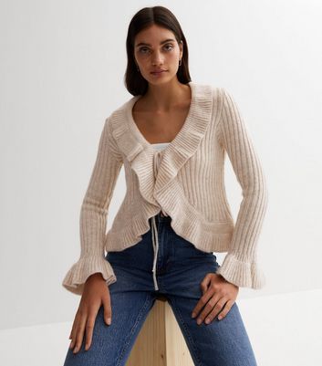 Stone Brushed Ribbed Knit Long Frill Sleeve Tie Front Cardigan