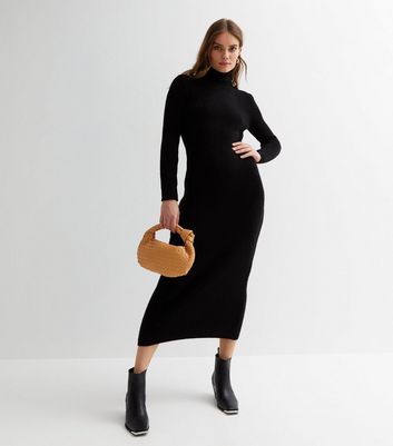 Black Long Sleeve Bodycon Knitted Midi Dress | SilkFred