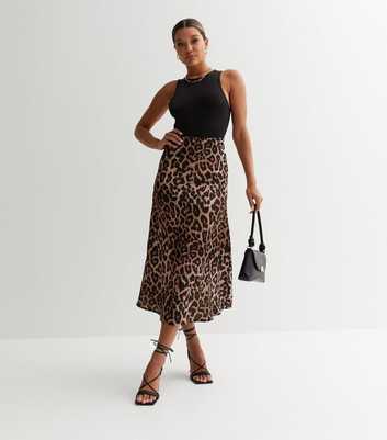 Brown Leopard Print Satin Midi Skirt