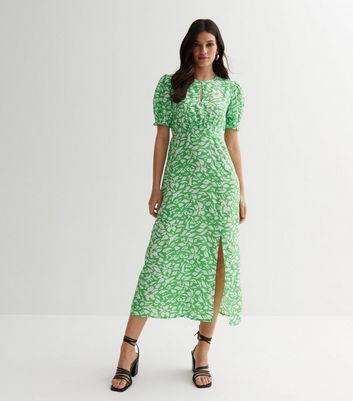 Green Floral Keyhole Split Midi Dress