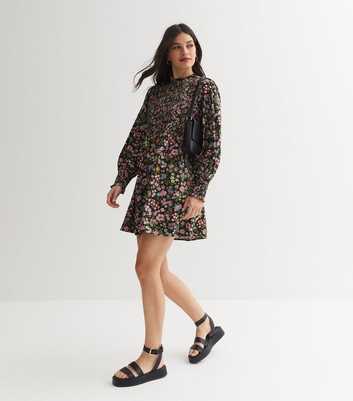 Black Floral Shirred Frill High Neck Mini Dress