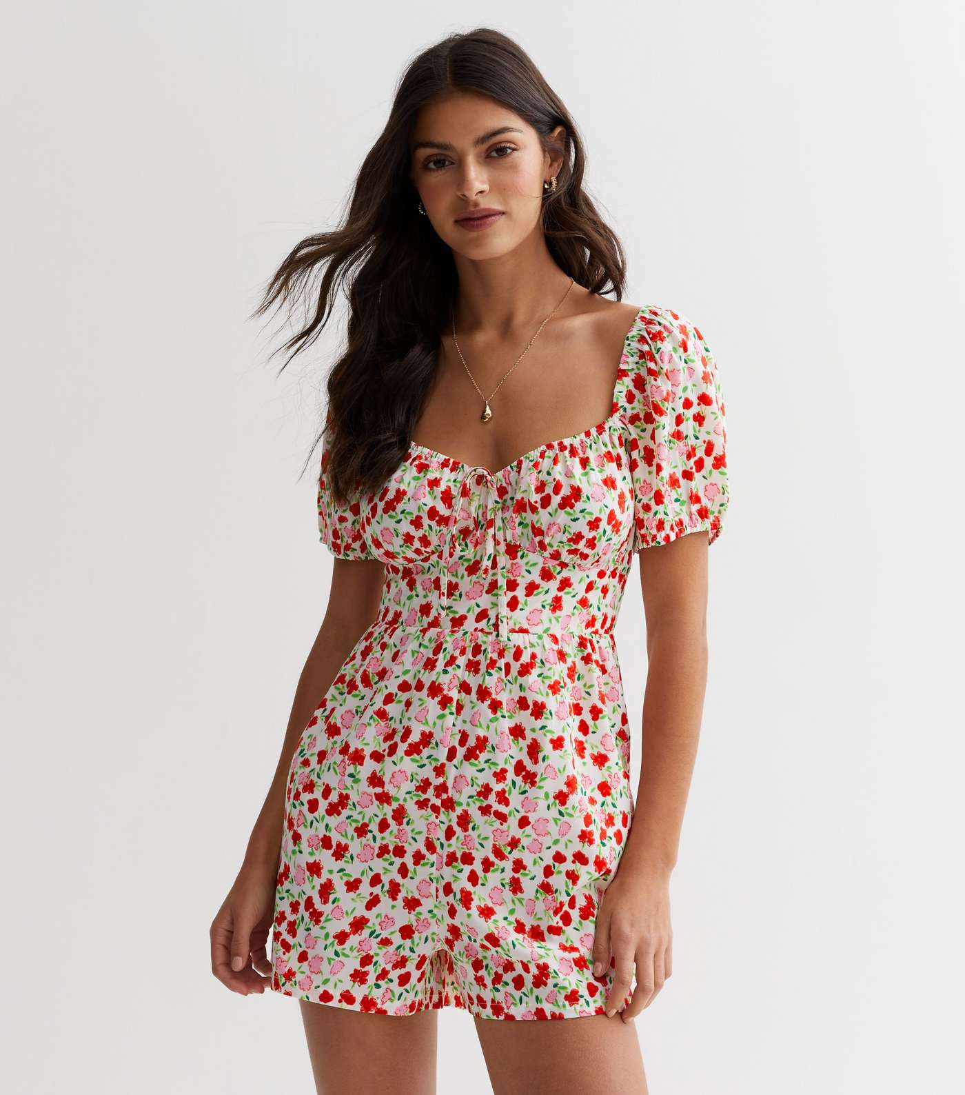White Floral Puff Sleeve Playsuit Image 2