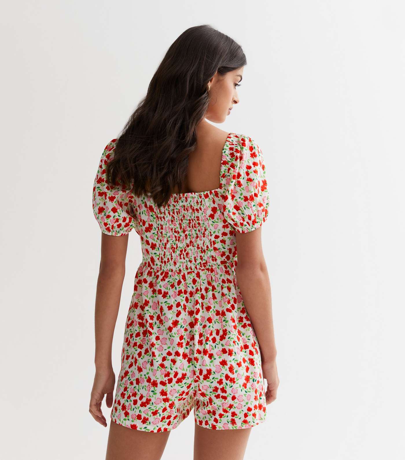 White Floral Puff Sleeve Playsuit Image 4