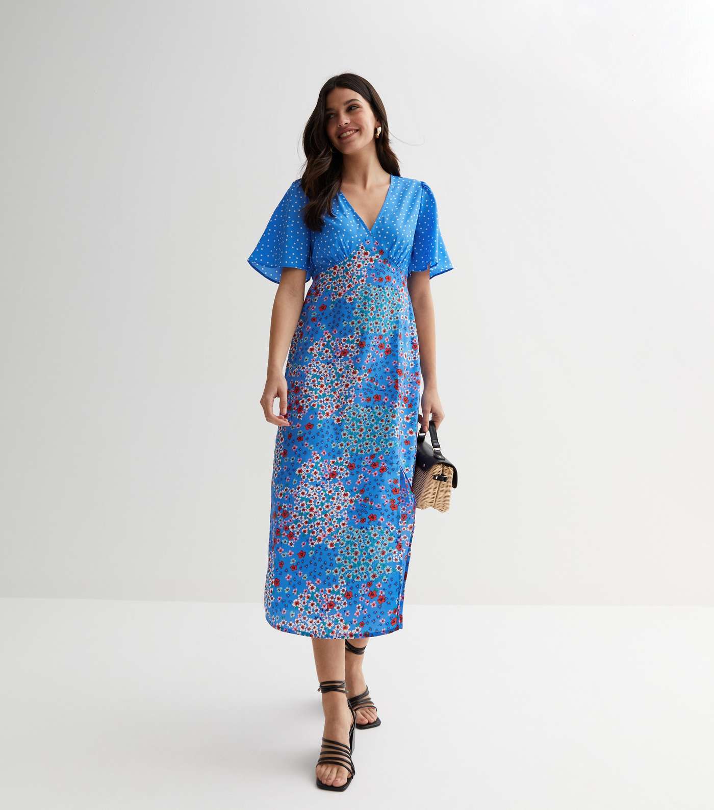 Blue Mixed Floral Flutter Sleeve Midi Dress Image 2