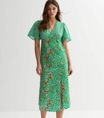 Green Mixed Floral Flutter Sleeve Midi Dress New Look