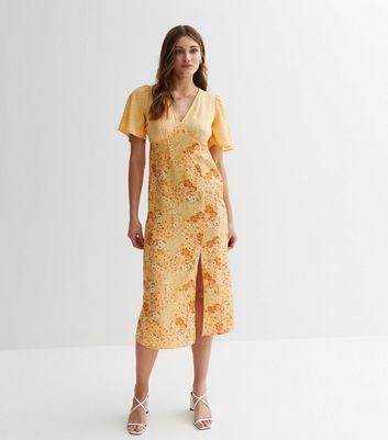 Yellow Mixed Floral Flutter Sleeve Midi Dress New Look