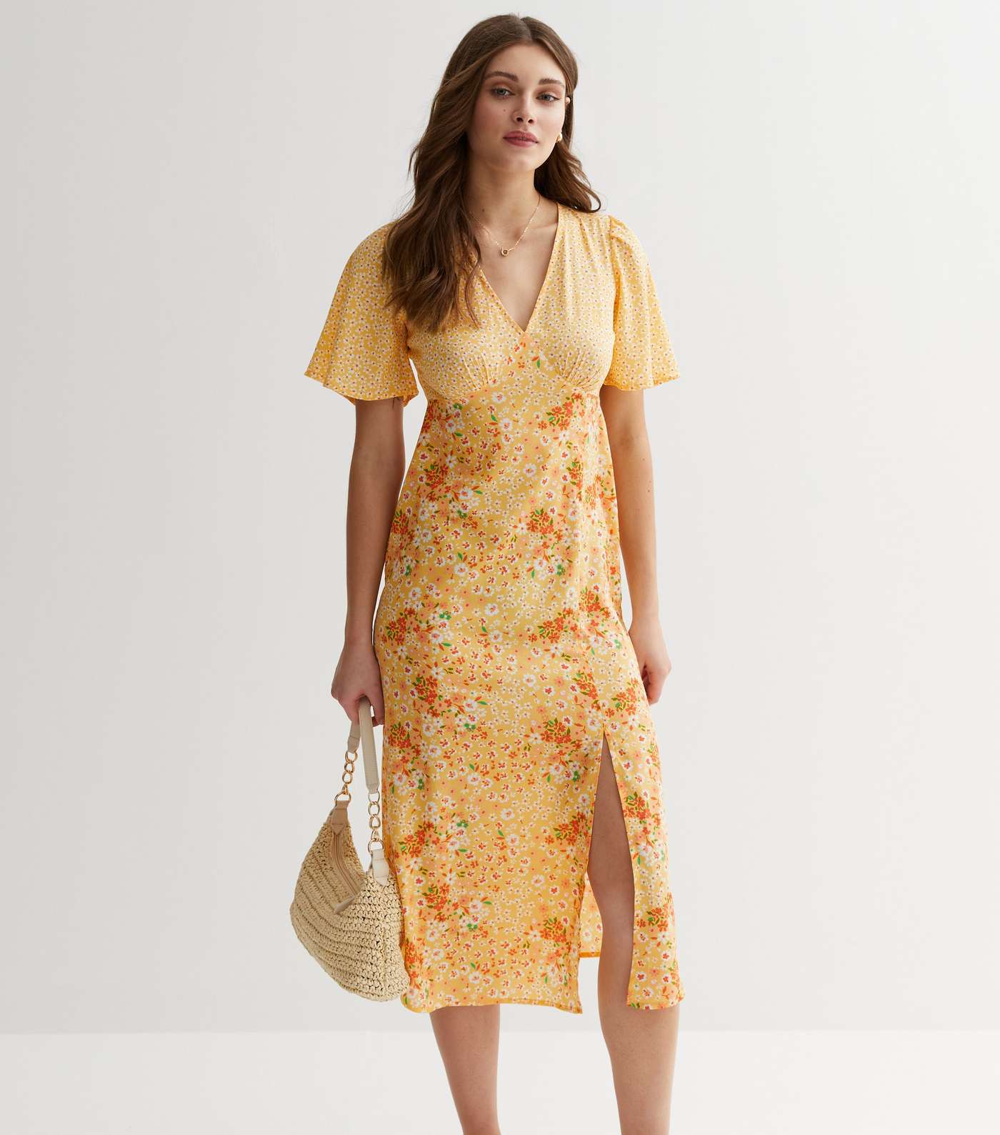 Yellow Mixed Floral Flutter Sleeve Midi Dress Image 3