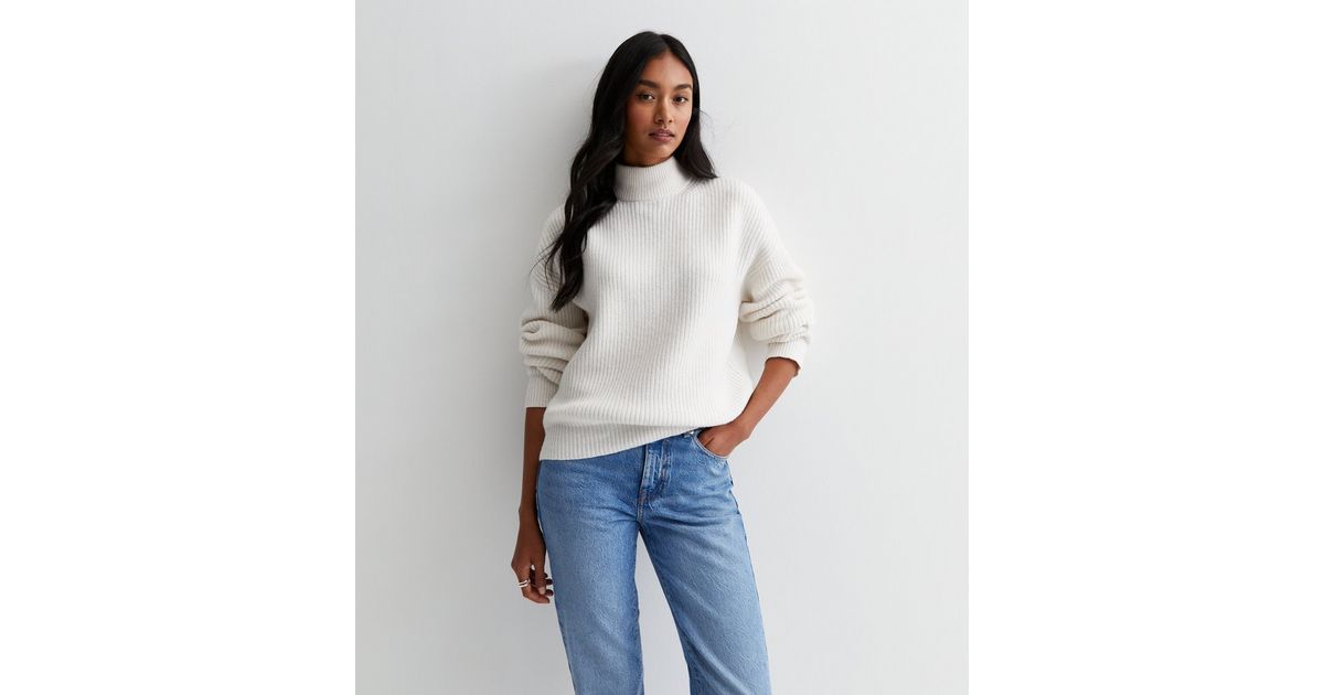 Ribbed High Neck Knitted Sweater Offwhite