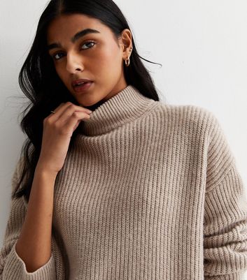 Mink Ribbed Knit High Neck Jumper