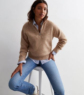 Camel Knit Zip Neck Jumper