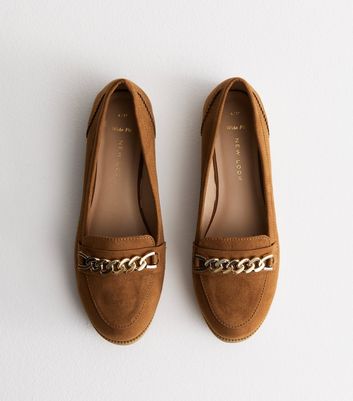 Wide Fit Tan Suedette Gold Chain Buckle Loafers New Look