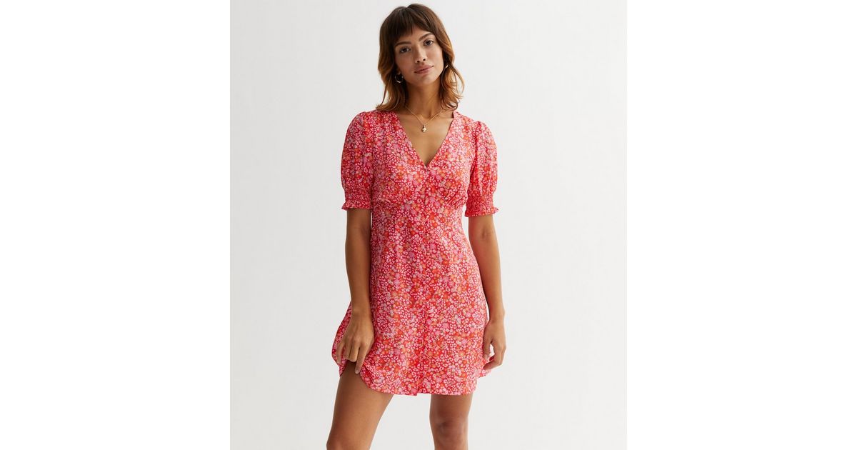 Red Ditsy Floral Button Front Mini Dress | New Look