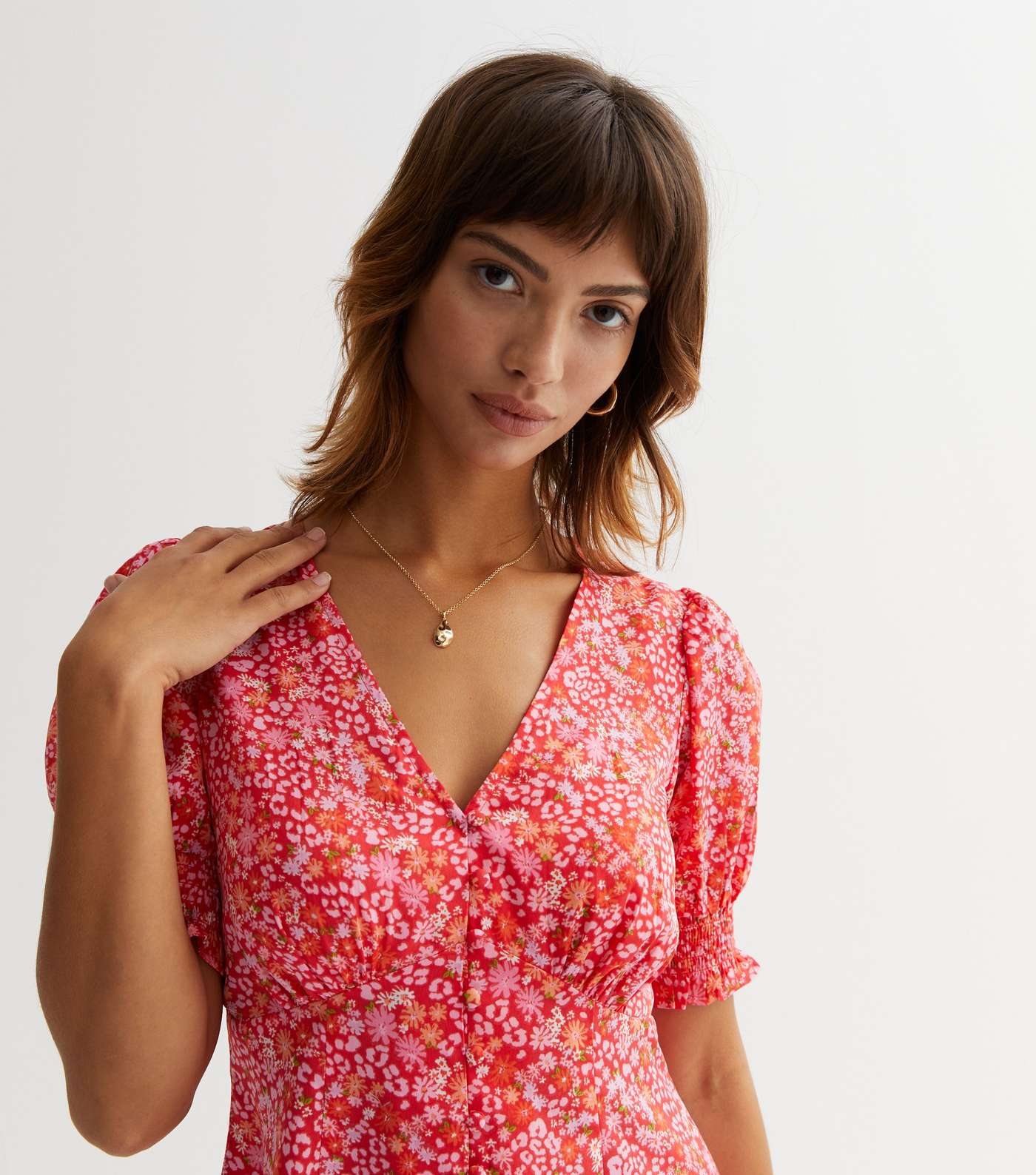 Red Ditsy Floral Button Front Mini Dress Image 2