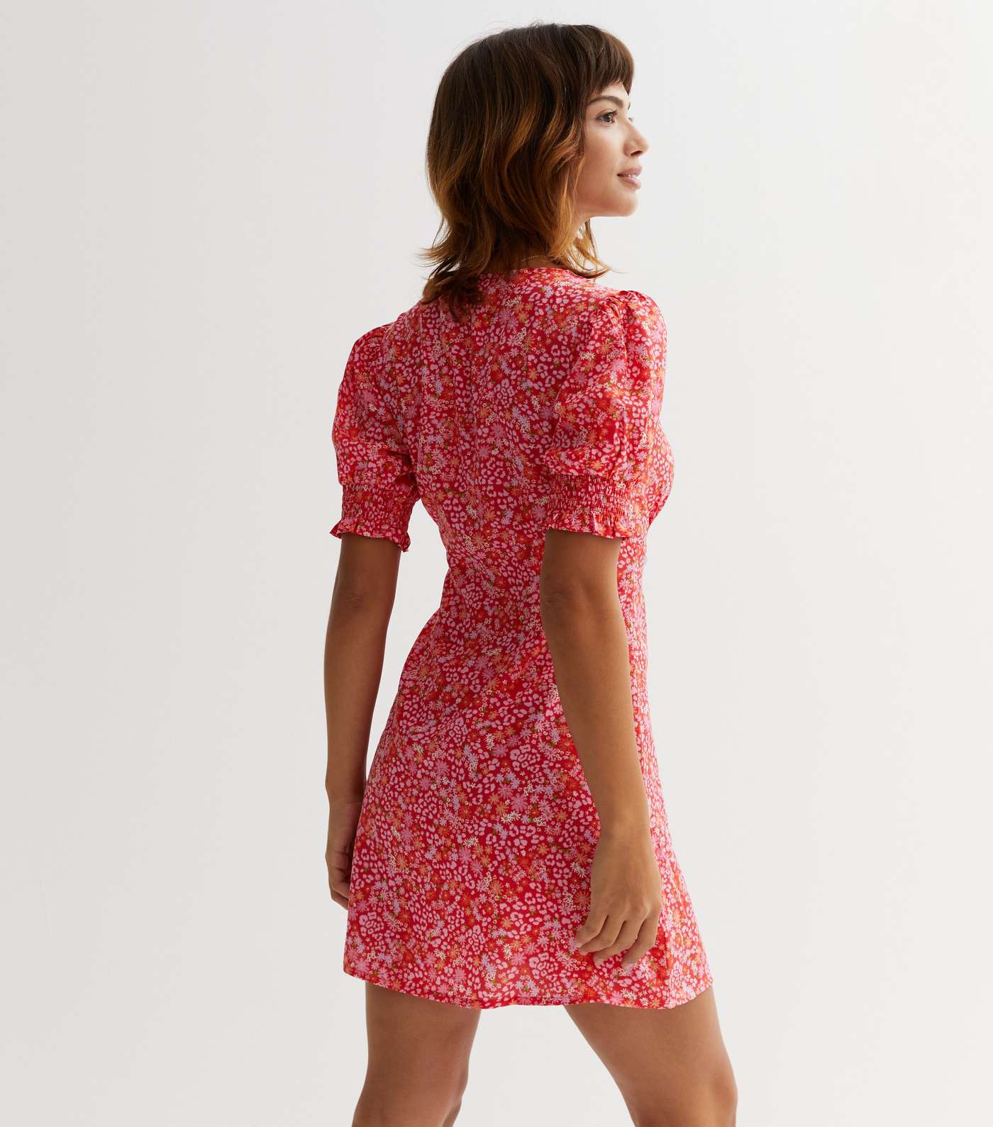 Red Ditsy Floral Button Front Mini Dress Image 4