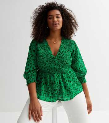Curves Green Floral Shirred Peplum Wrap Blouse