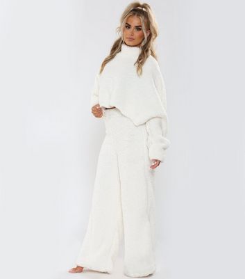 JUSTYOUROUTFIT Cream Teddy High Waist Flared Trousers