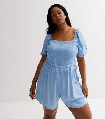 Curves Pale Blue Denim Shirred Playsuit New Look