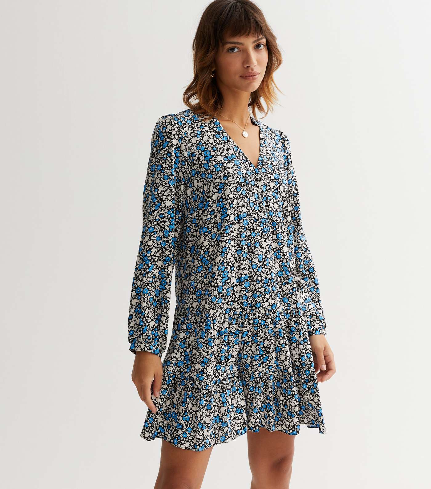 Blue Ditsy Floral Long Puff Sleeve Mini Smock Dress