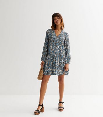 Blue Ditsy Floral Long Puff Sleeve Mini Smock Dress New Look
