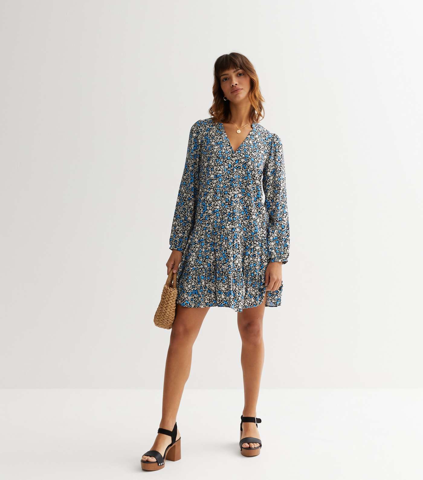 Blue Ditsy Floral Long Puff Sleeve Mini Smock Dress Image 3
