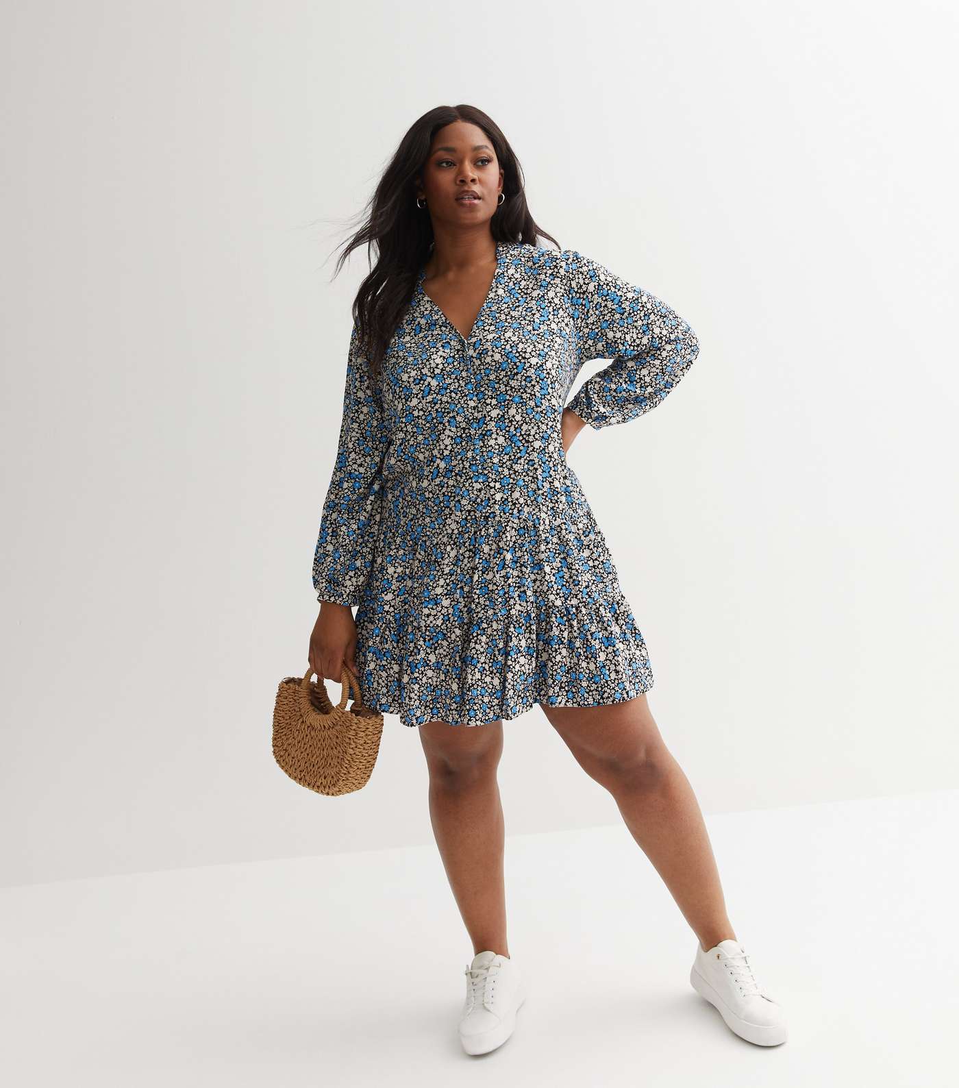 Blue Ditsy Floral Long Puff Sleeve Mini Smock Dress Image 5