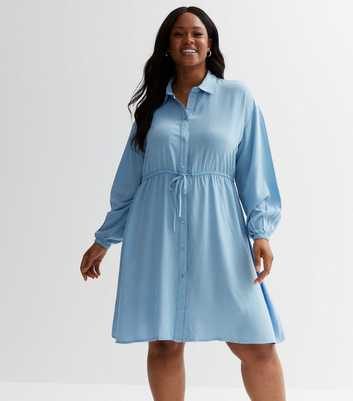 Curves Pale Blue Denim Drawstring Mini Shirt Dress