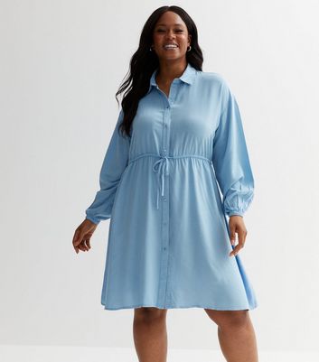 Curves Pale Blue Denim Drawstring Mini Shirt Dress New Look