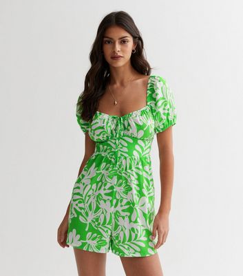 Green Tropical Puff Sleeve Playsuit New Look