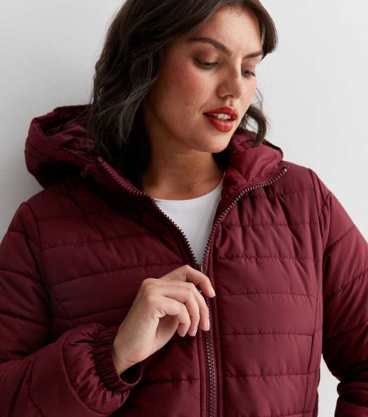 burgundy long puffer jacket