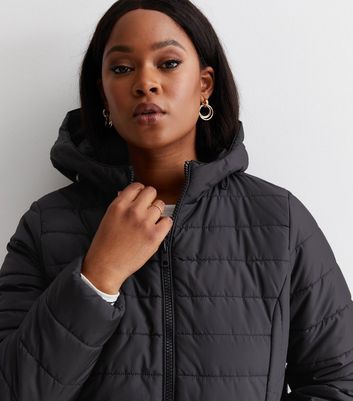 Curves Black Longline Hooded Lightweight Puffer Coat New Look