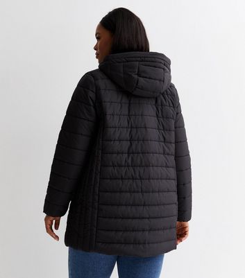 Curves Black Longline Hooded Lightweight Puffer Coat New Look