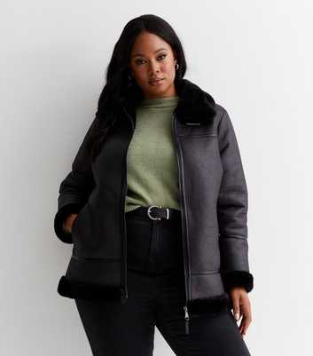 Curves Black Leather-Look Faux Fur Collared Aviator Jacket