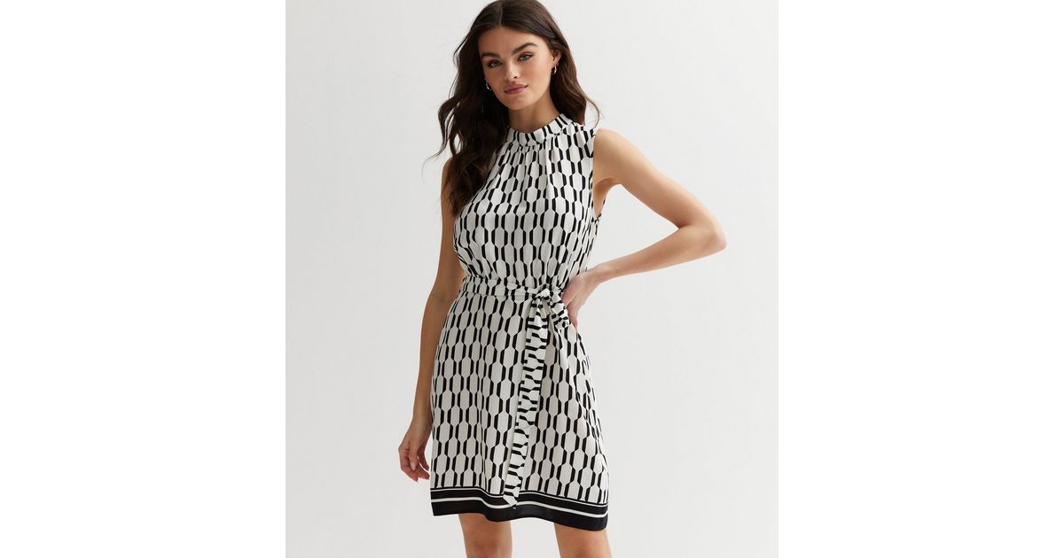 White Geometric High Neck Mini Dress | New Look