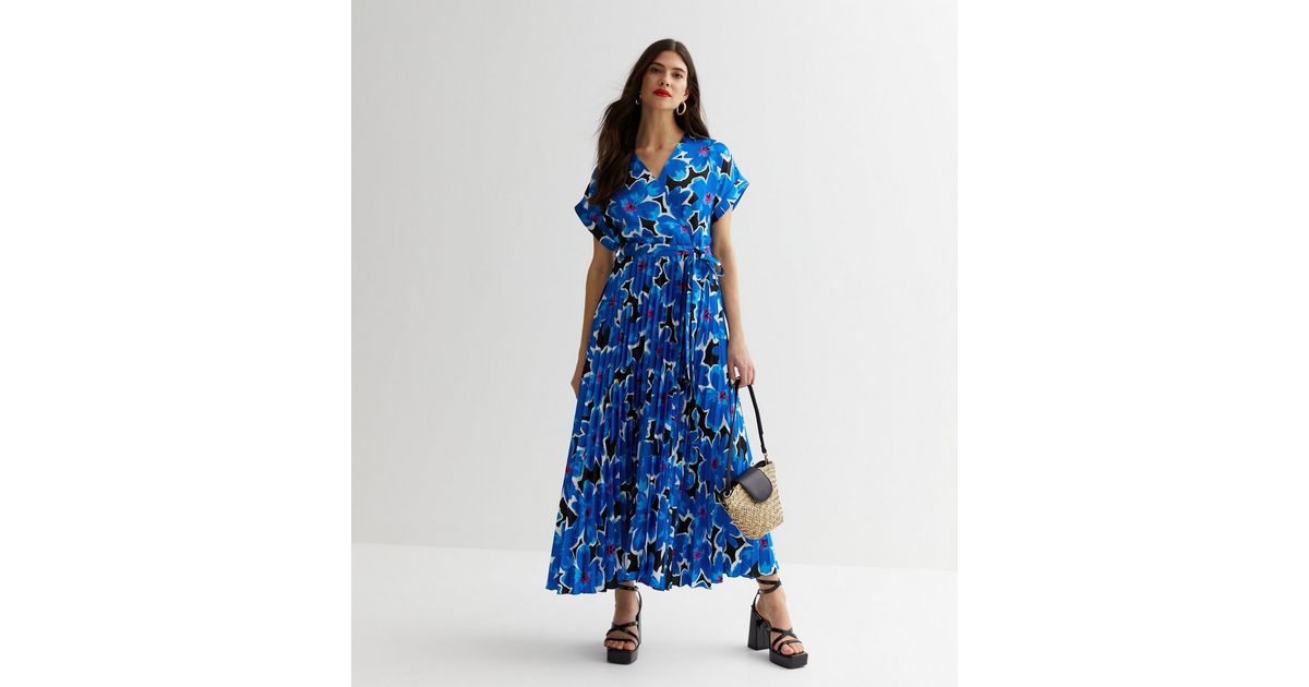 Blue Floral Satin Pleated Midi Dress | New Look