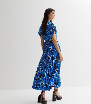 Blue Floral Satin Pleated Midi Dress New Look