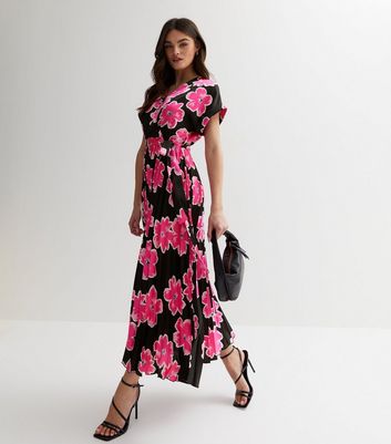 Pink floral shop pleated midi dress