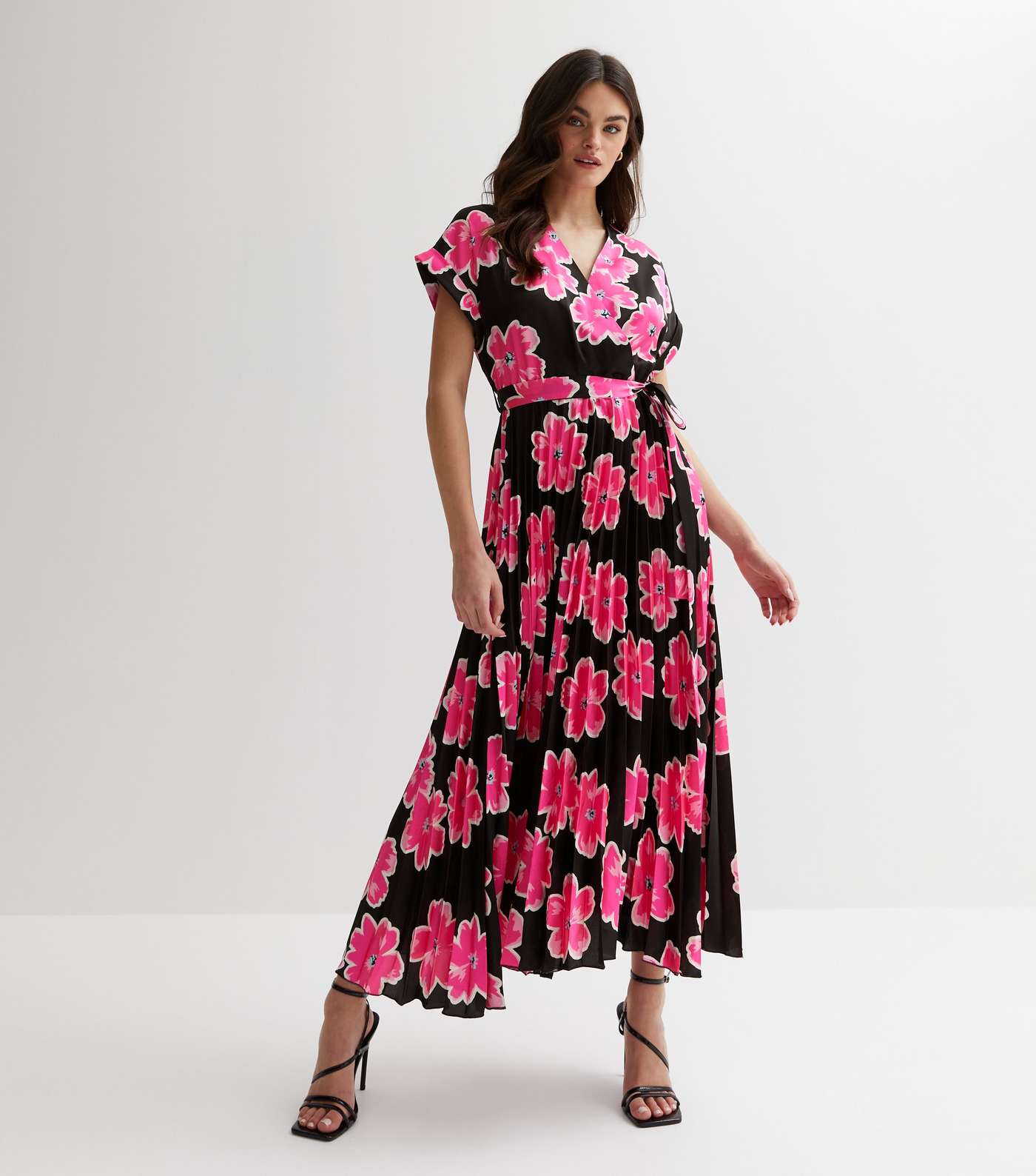 Pink Floral Satin Pleated Midi Dress Image 3