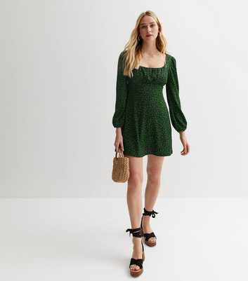 Green Ditsy Floral Square Neck Long Puff Sleeve Cross Back Mini Dress