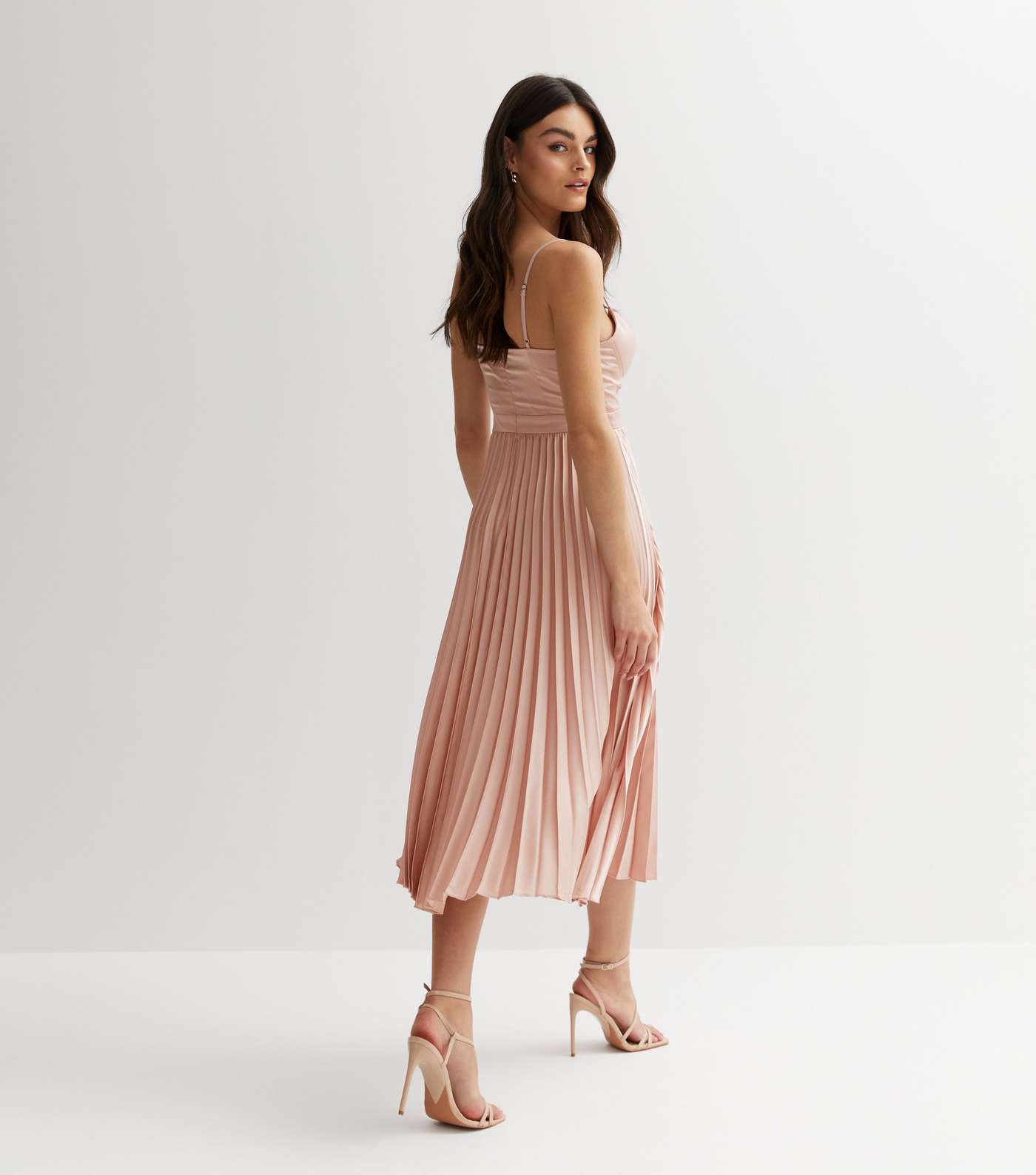 Pale Pink Satin Bustier Pleated Midi Dress Image 4