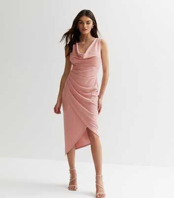 Pale Pink Cowl Neck Ruched Midi Wrap Dress