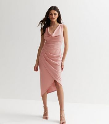 Pale Pink Cowl Neck Ruched Midi Wrap Dress New Look