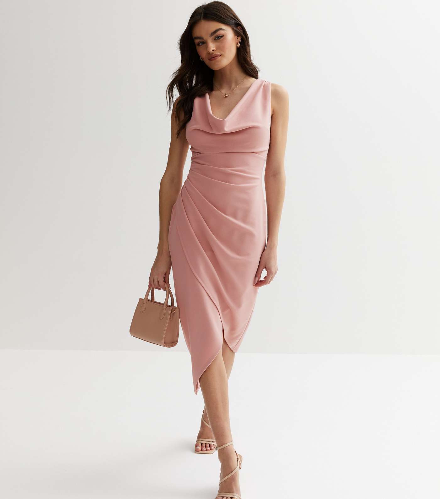 Pale Pink Cowl Neck Ruched Midi Wrap Dress Image 3