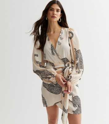 White Leopard Print Satin Puff Sleeve Mini Wrap Dress