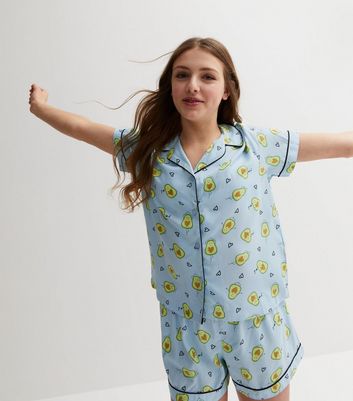Girls Blue Shirt and Short Pyjama Set with Avocado Print