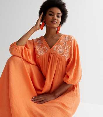 Orange Textured Embroidered Midaxi Dress