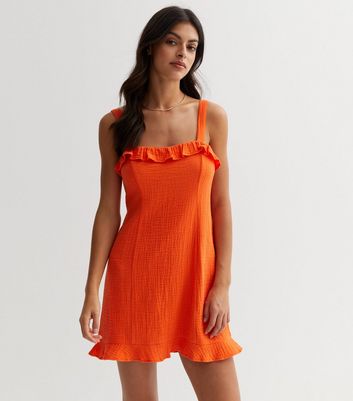 Bright Orange Cheesecloth Strappy Tiered Cami Dress