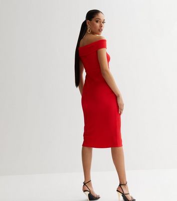 Red Ribbed Twist Bardot Midi Bodycon Dress New Look